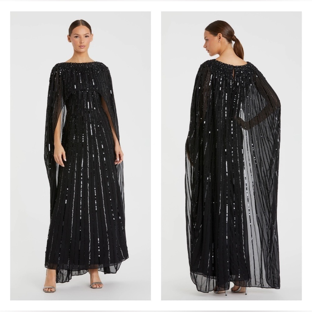 Mac Duggal 93869 Nwt Black Embellished Beaded Column Cape Gown